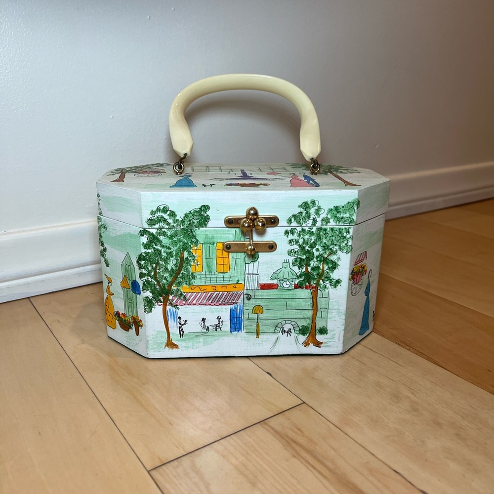Vintage Annie Laurie Wooden Handbag, octagon, jangle, box purse, hand painted